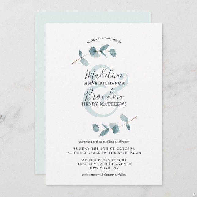 Modern Ampersand Eucalyptus Wreath Script Wedding Invitation (Front/Back)