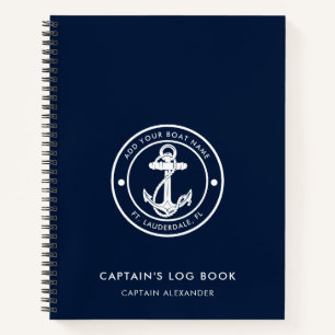 Modern Anchor Boat Name Navy Blue Captains Log Notebook