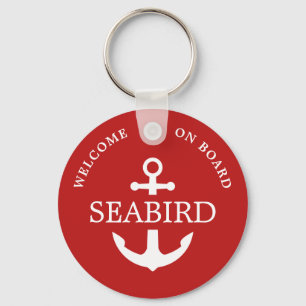 Modern Anchor Boat Name Red White Nautical  Keychain
