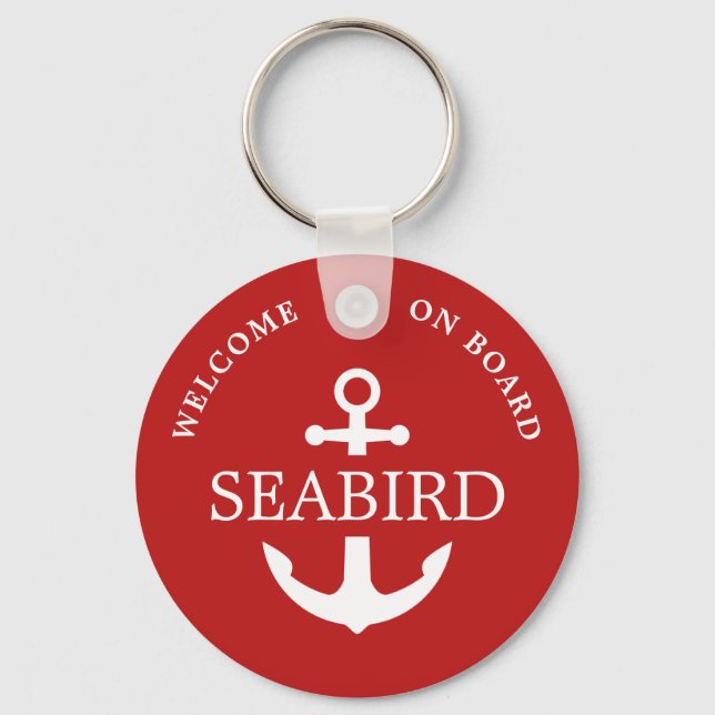 Modern Anchor Boat Name Red White Nautical  Keychain (Front)