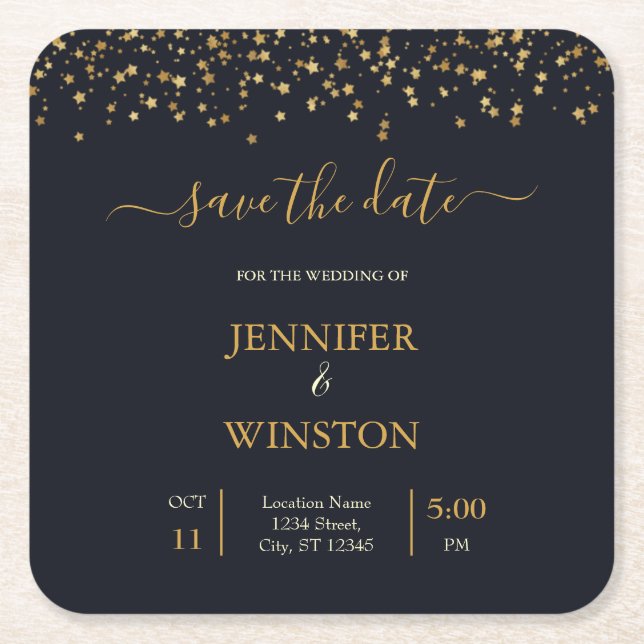 Modern And Classic Gold Stars Wedding Square Paper Coaster (Front)