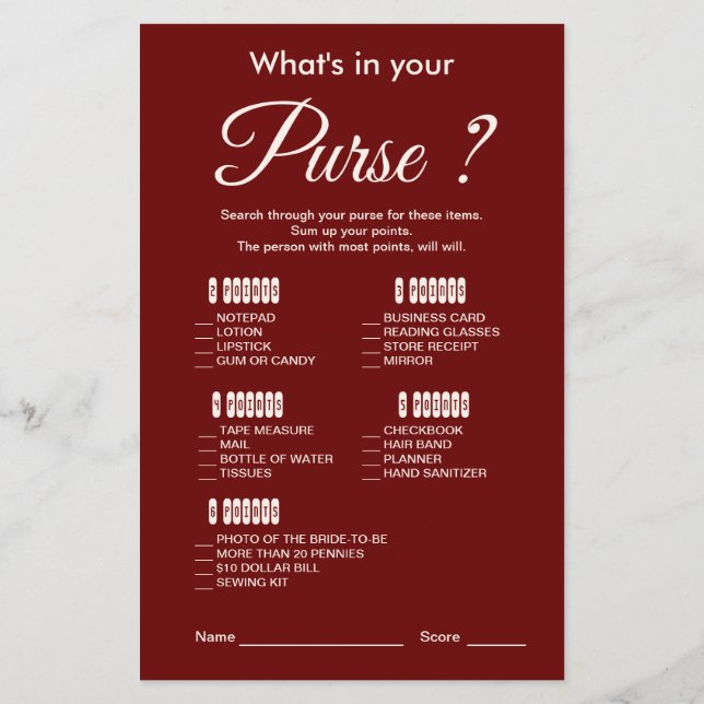 Modern and Elegant Burgundy Bridal Shower Game (Back)