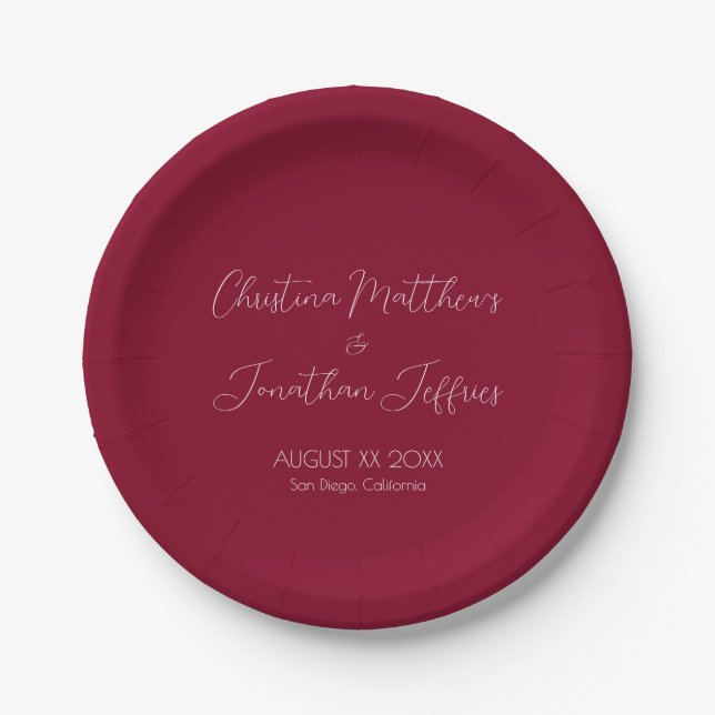 Modern and Elegant Burgundy Wedding Paper Plate (Front)
