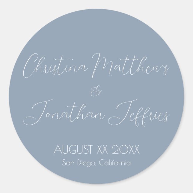 Modern and Elegant Dusty Blue Wedding Classic Round Sticker (Front)