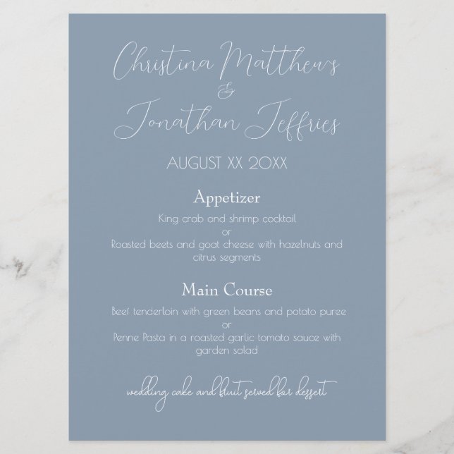 Modern and Elegant Dusty Blue Wedding Dinner Menu (Front)