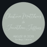 Modern and Elegant Eucalyptus Wedding Classic Round Sticker<br><div class="desc">This modern and elegant event or wedding sticker features a simple eucalyptus green background with white text. The names of the couple are printed in a script font. The wedding date and location are printed below.</div>