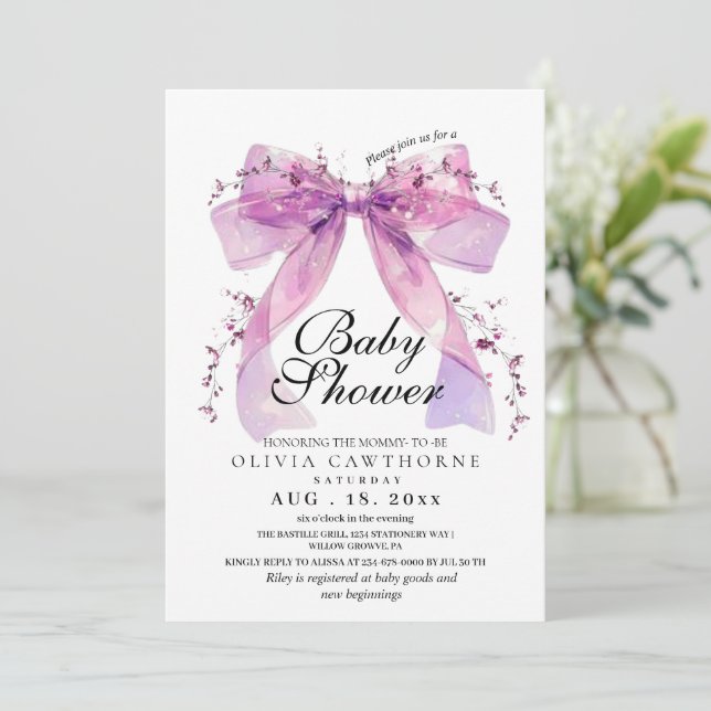Modern and elegant Pink Bow Baby Shower Invitation (Standing Front)