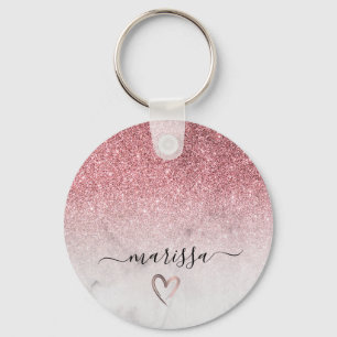 Modern and elegant rose gold glitter white marble keychain