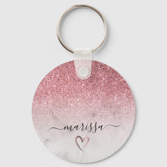 Modern and elegant rose gold glitter white marble keychain (Front)