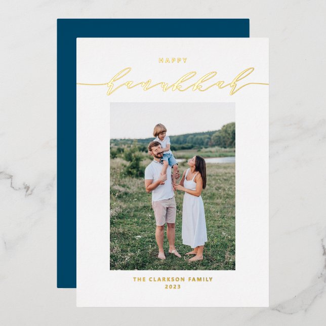 Modern and Elegant Script Happy Hanukkah Photo Foil Holiday Card (Front/Back)