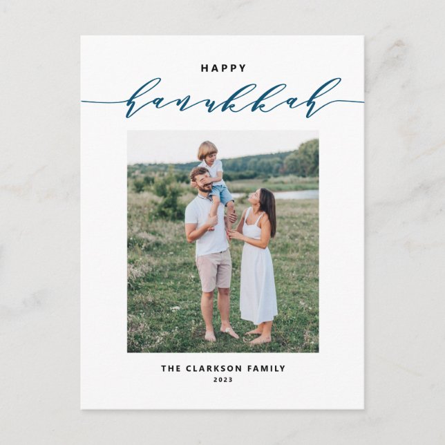 Modern and Elegant Script Happy Hanukkah Photo Holiday Postcard (Front)