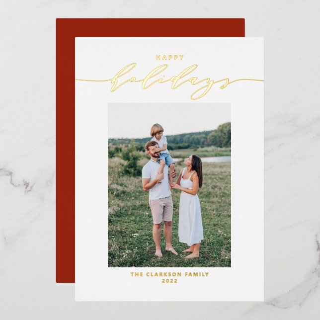 Modern and Elegant Script Happy Holidays Photo Foil Holiday Card (Front/Back)