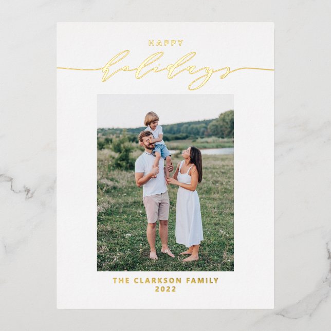 Modern and Elegant Script Happy Holidays Photo Foil Holiday Postcard (Front)