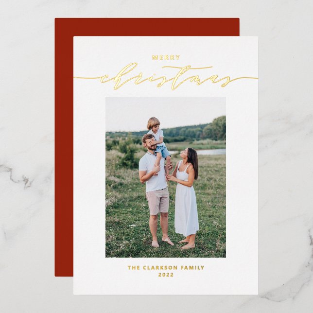 Modern and Elegant Script Merry Christmas Photo Foil Holiday Card (Front/Back)