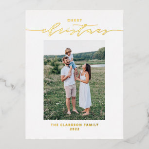 Modern and Elegant Script Merry Christmas Photo Foil Holiday Postcard