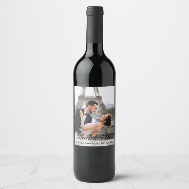 Modern and Elegant Wedding Photo Thank You Wine Label (Front)