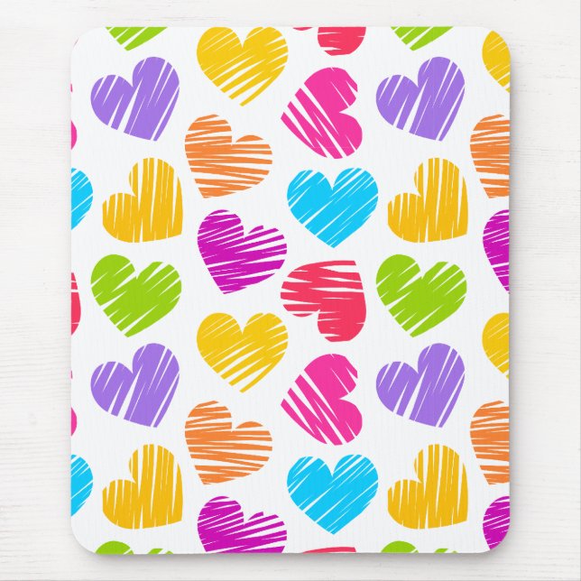 Modern and Girly Vibrant Doodled Hearts Pattern Mouse Pad (Front)