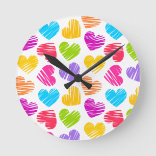 Modern and Girly Vibrant Doodled Hearts Pattern Round Clock