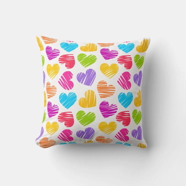 Modern and Girly Vibrant Doodled Hearts Pattern Throw Pillow (Front)