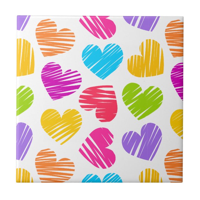 Modern and Girly Vibrant Doodled Hearts Pattern Tile (Front)