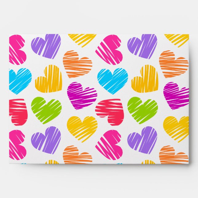 Modern and Girly Vibrant Doodled Hearts Valentine Envelope (Front)