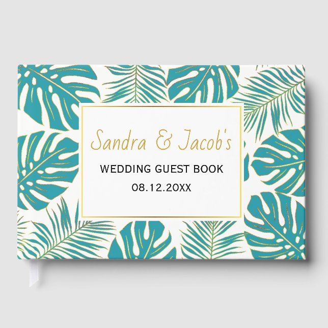 Modern and gold tropical leaves wedding guest book (Front)