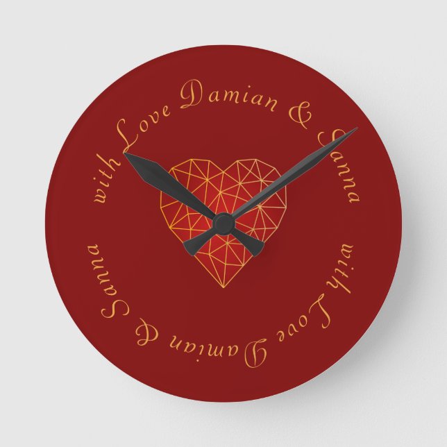 modern and luxury geometric gold red heart love round clock (Front)