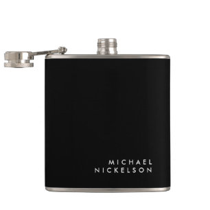 Modern and Minimal Black and White   Add your Name Hip Flask