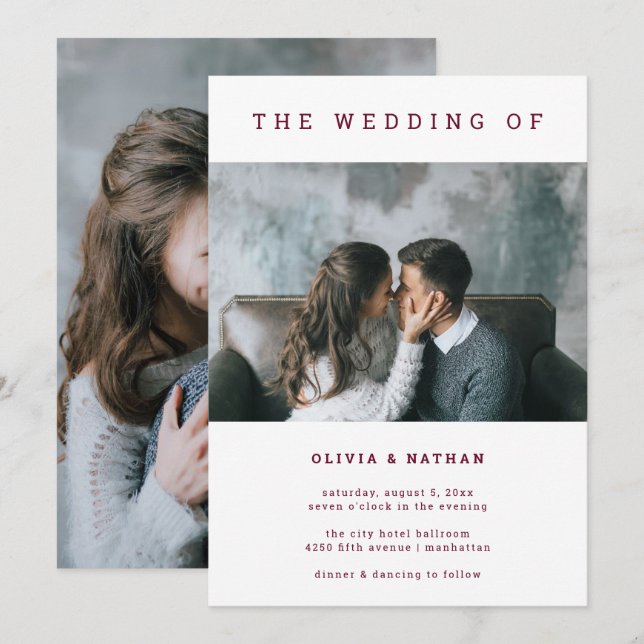 Modern and Minimal Burgundy | Two Photo Wedding Invitation (Front/Back)