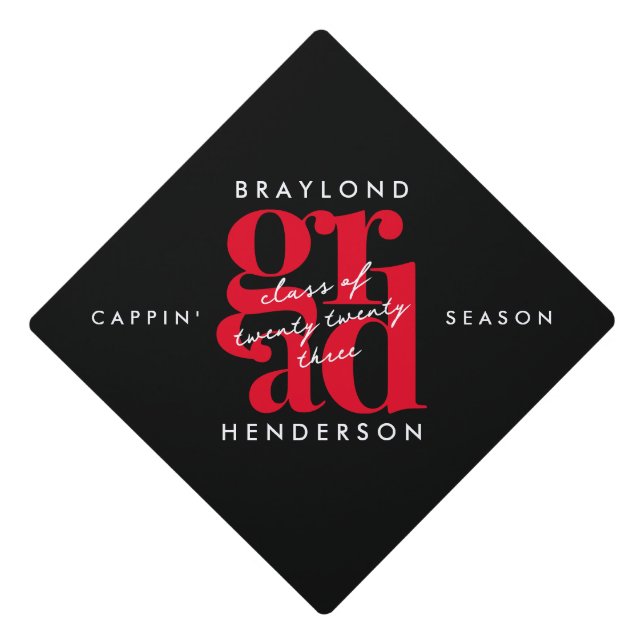 Modern and Minimalist Black and Red Graduation Cap Topper (Front)