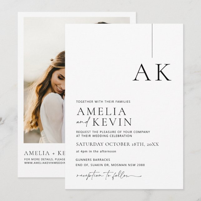 Modern and minimalist photo wedding invitation (Front/Back)