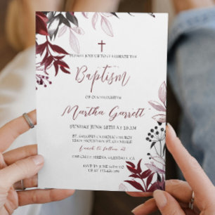 Modern and Simple Burgundy Girl Baptism  Invitation