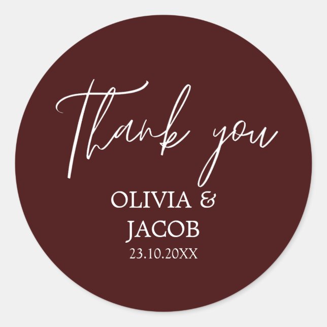 Modern and simple Maroon Thankyou Wedding Classic Round Sticker (Front)
