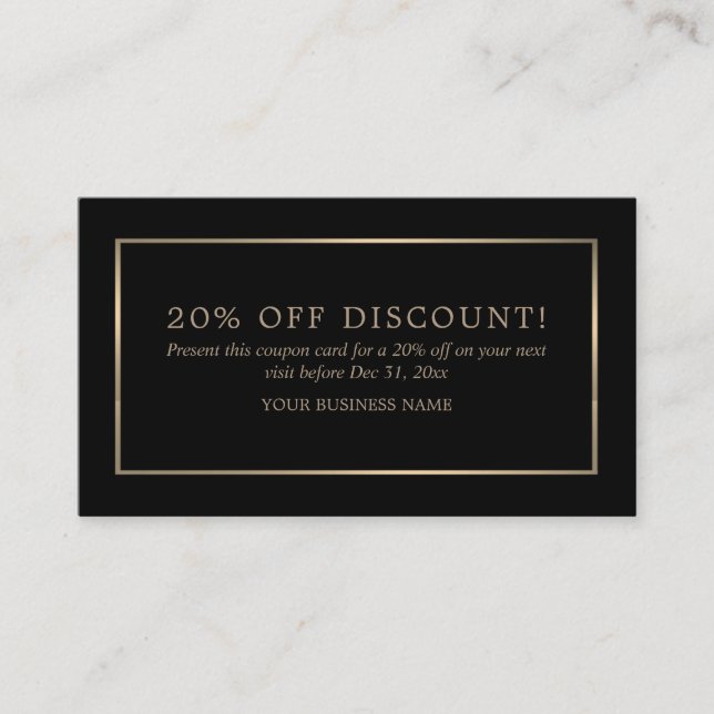 Modern and Sleek, Black and Gold, Discount Voucher Card (Front)