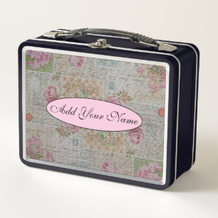 Modern And Vintage Floral Add Your Text Metal Lunch Box
