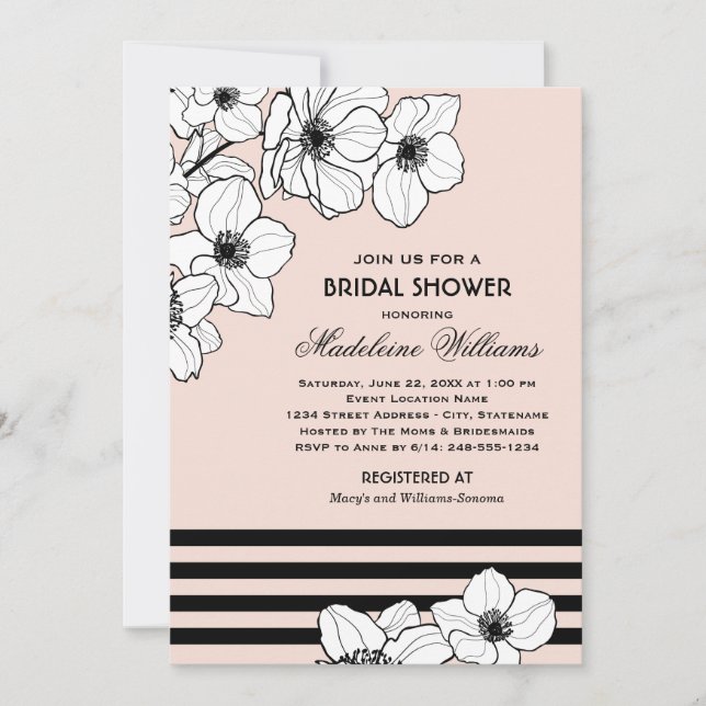 Modern Anemone Sketch Blush Wedding Shower Invitation (Front)