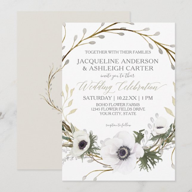 Modern Anemone Twig Fern Eucalyptus Wreath Wedding Invitation (Front/Back)