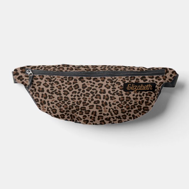 Modern Animal Leopard Skin Dark Brown Name Custom Fanny Pack (Lay Down)