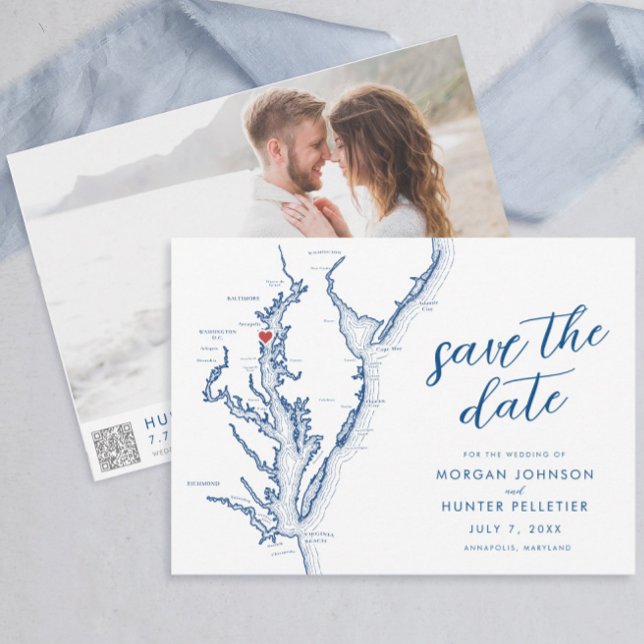 Modern Annapolis Chesapeake Bay Map Wedding Save The Date (Modern Annapolis Maryland Save the Date with photo and QR code in minimalist navy blue )