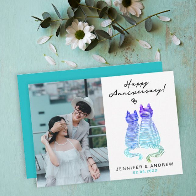 Modern Anniversary Gradient Blue Cats Love Photo Holiday Card (Creator Uploaded)