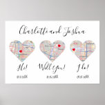 Modern anniversary names love gift maps poster<br><div class="desc">Cherish and celebrate the key moments of your relationship with this poster showing 3 hearts, 3 maps and dates of the day you met, the proposal day and wedding day. Move the hearts around to pin point on the maps. Add your name in this modern and elegant calligraphy. A perfect...</div>