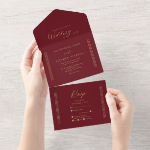 Modern Antique Gold   Dark Red Minimalist Wedding All In One Invitation