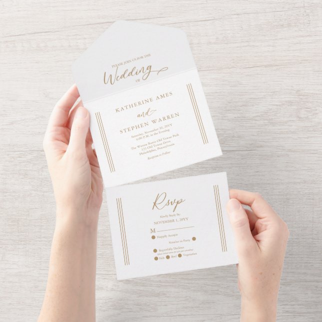 Modern Antique Gold | White Minimalist Wedding All In One Invitation (Tearaway)