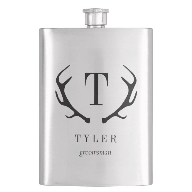 Modern Antler Personalized Bridal Party Gift Hip Flask (Front)