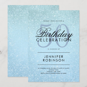Modern Any Age Birthday Blue Glitter Paint Look Invitation