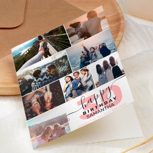 Modern any age birthday pink 8 photos collage grid card