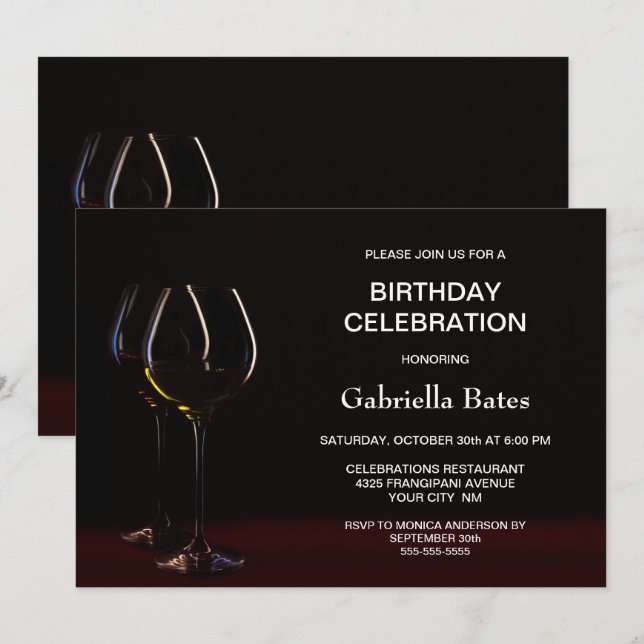Modern Any Age Black Birthday Wine Glass Party Invitation (Front/Back)