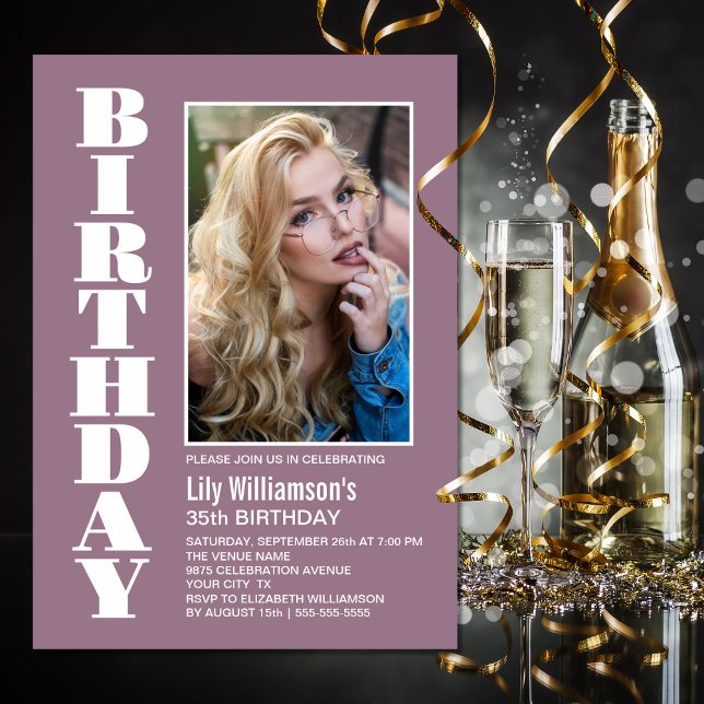 Modern Any Age Dusty Rose White Photo Birthday Invitation (Creator Uploaded)