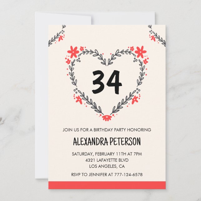 Modern Any age Floral Heart for her 34th birthday Invitation (Front)