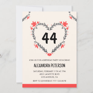 Modern Any age Floral Heart for her 44th birthday Invitation